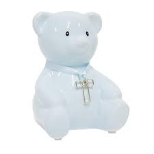 Hucha de Peluche Azul con Cruz y Brillantes
